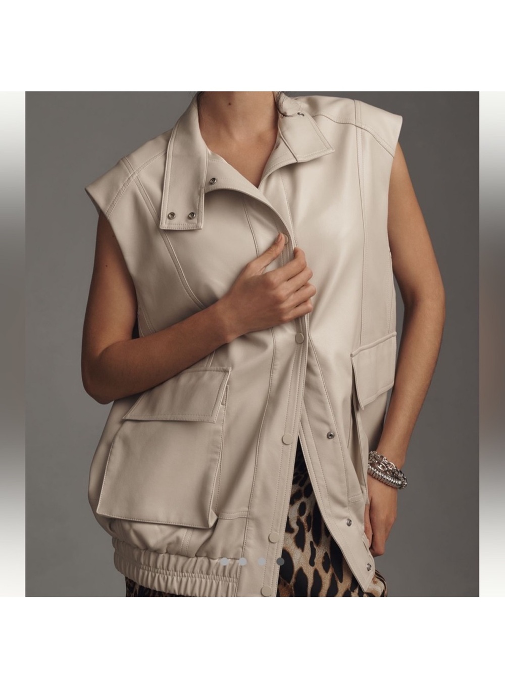 By Anthropologie Faux Leather Light Gray Cream Biker Moto Oversized Vest size M